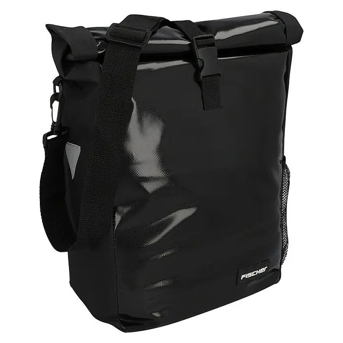 Fischer Gepäckträgertasche Kurier - L x B x H: 43,5 x 41 x 3,5 cm, Volumen: 18 l - Schwarze Fahrradtasche der Marke Fischer mit Schultergurt und Rollverschluss für den täglichen Gebrauch.