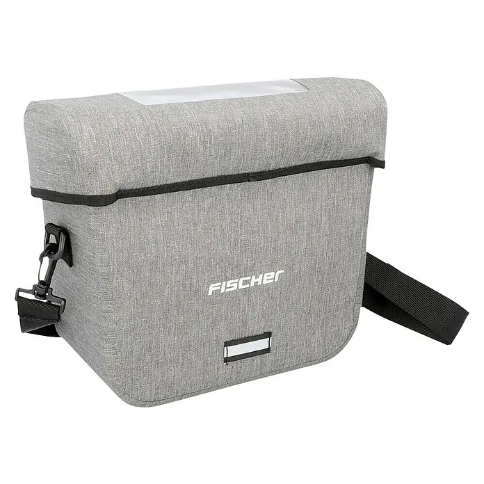 Fischer Lenkertasche Plus Cita - Volumen: 7 l, 32,5 x 17 x 26 cm - Graue Fahrradlenkertasche von Fischer mit schwarzem Tragegurt und transparentem Fach oben, ideal für Smartphones oder Karten.