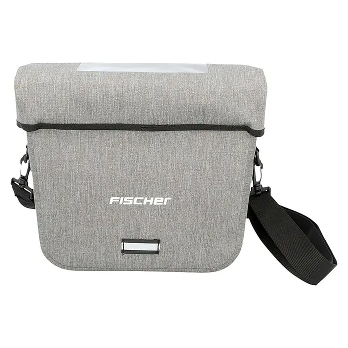 Fischer Lenkertasche Plus Cita - Volumen: 7 l, 32,5 x 17 x 26 cm - Abgebildete ist eine graue Fahrradlenkertasche von Fischer mit schwarzem Gurt und transparentem Fach oben, ideal für Radtouren.