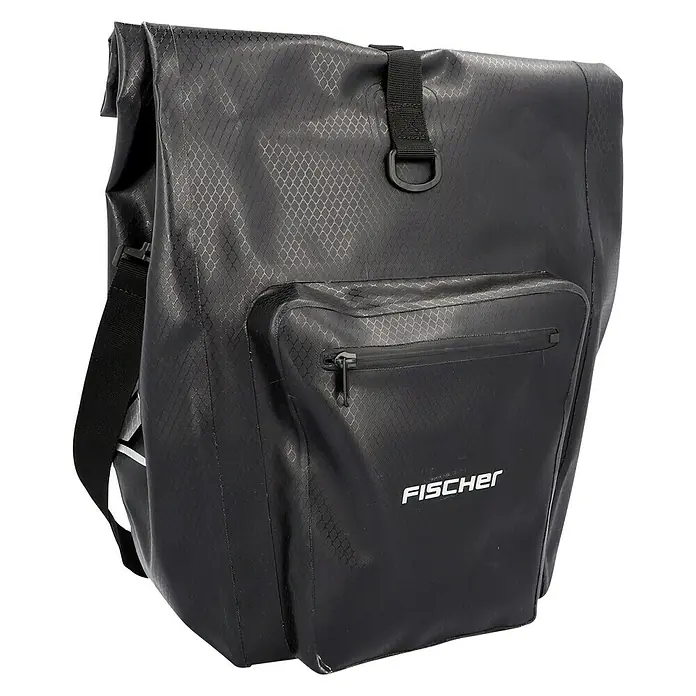 Fischer Gepäckträgertasche Plus Terra - L x B x H: 57 x 34 x 180 cm, Volumen: 30 l - Schwarze wasserdichte Fahrradtasche von Fischer mit zusätzlichem Fach und Tragegurt für den komfortablen Transport.