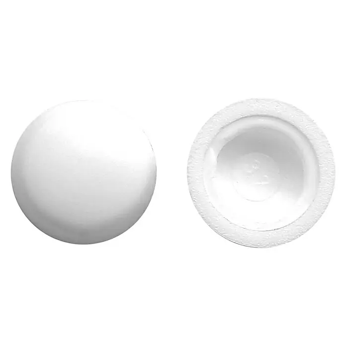 Sarei Abdeckkappe - PVC, Weiß, Durchmesser: 11,5 mm, 12 Stk. - Zwei weiße Styropor-Eierbecher, eines als Kugel und das andere ausgehöhlt, isoliert auf schwarzem Hintergrund.