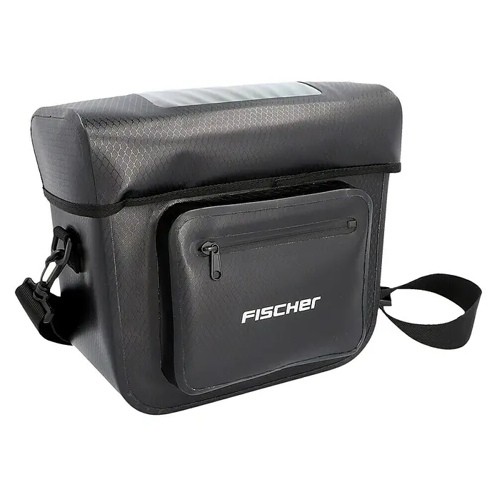 Fischer Lenkertasche Plus Terra - Volumen: 7 l, 36 x 16 x 27 cm - Eine schwarze Fischer Fahrradlenkertasche, ideal für Ausflüge. Praktische Aufbewahrung mit Zusatzfach und transparentem Fach für Navi.