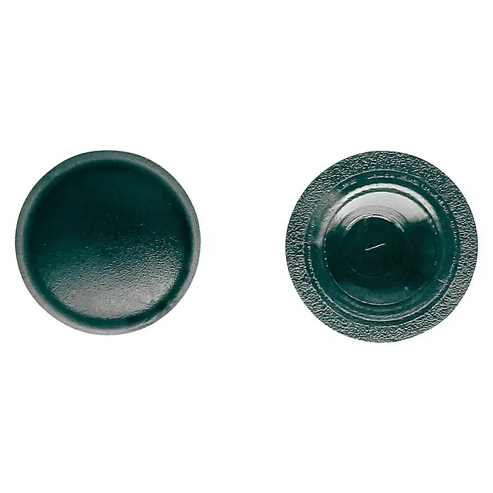 Sarei Abdeckkappe - PVC, Anthrazit, Durchmesser: 11,5 mm, 12 Stk. - Zwei grüne Kunststoffkappen, eine glatt und die andere mit strukturiertem Rand, auf schwarzem Hintergrund.