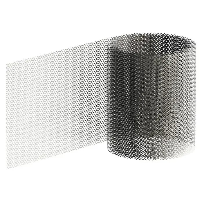 Sarei Vogelschutzgitter Multischutz - 5 m x 120 mm, Aluminium - Ein Rollgitter mit einer Diamantenmusterstruktur auf schwarzem Hintergrund, perfekt für verschiedene Anwendungen.