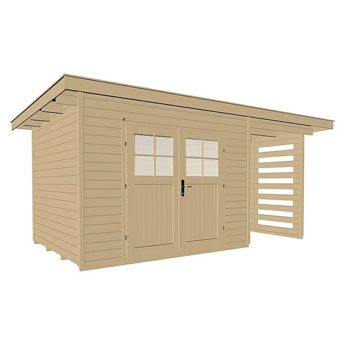 Weka Gartenhaus 179 A - Außenmaß inkl. Dachüberstand (B x T): 504 x 311 cm, Holz, Natur - Bild eines hellbraunen Holzschuppens mit Doppeltüren und einem offenen Lamellenbereich, der die Struktur und das Design des Gartenhauses hervorhebt.