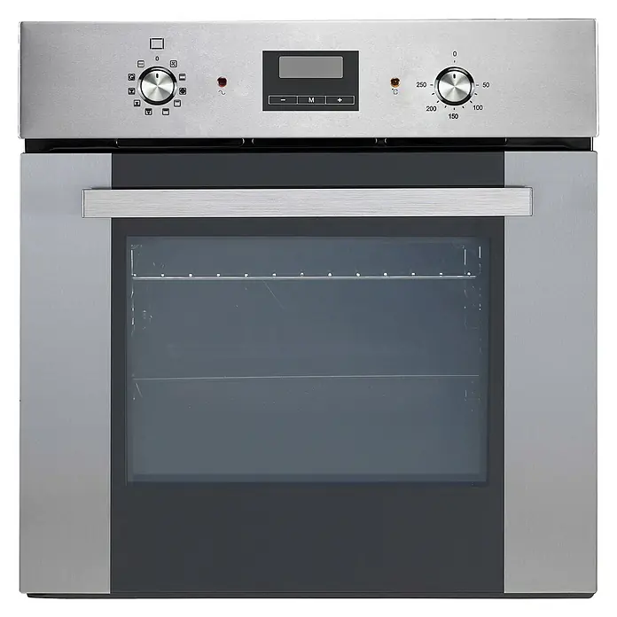 Respekta Premium Küchenzeile GabrielBreite: 290 cm, Weiß, Mit Elektrogeräten - Ein moderner, silberfarbener Einbaubackofen mit digitalem Display und Temperaturregler für präzises Kochen und Backen.