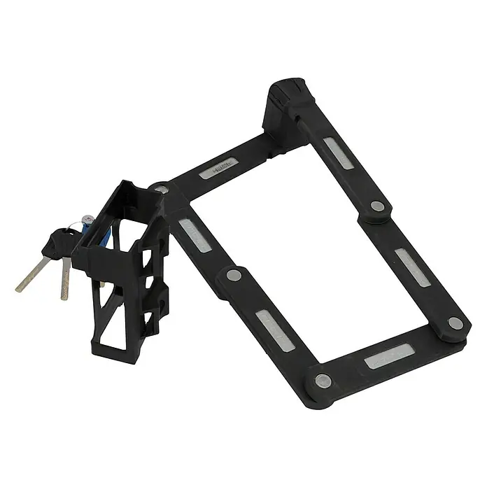 Fischer Faltschloss Protec Plus FK85 - Länge: 85 cm - Klappbares Fahrradschloss mit Halterung und Schlüsseln. Das Schloss ist schwarz und hat reflektierende Streifen.