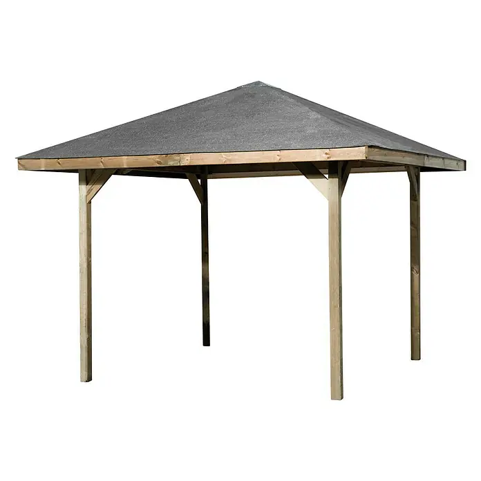 Weka Pavillon Gartenoase 651 - L x B: 294 x 294 cm, Natur/ Kesseldruckimprägniert, Holz - Abbildung eines Gartenpavillons aus Holz mit einem grauen Dach. Der Pavillon ist freistehend und bietet Schatten im Freien.