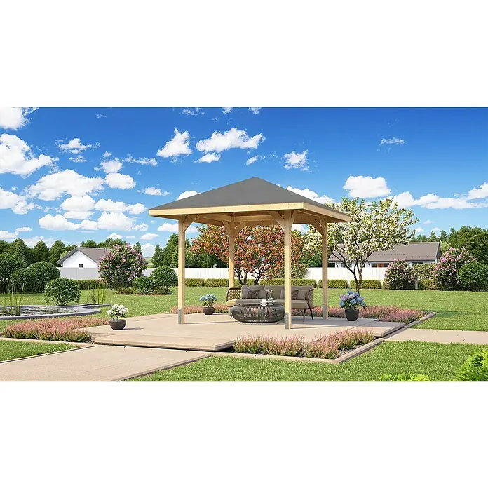 Weka Pavillon Gartenoase 651 - L x B: 294 x 294 cm, Natur/ Kesseldruckimprägniert, Holz - Einladende Gartenlaube mit Sitzgelegenheit auf einer gepflasterten Terrasse, umgeben von blühenden Blumen und Grün. Der perfekte Ort zum Entspannen.