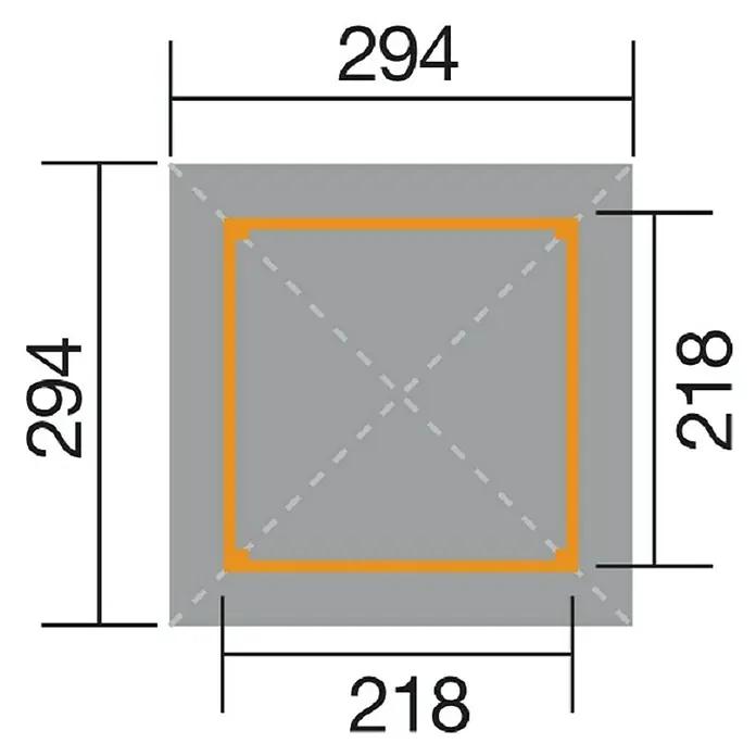 Weka Pavillon Gartenoase 651 - L x B: 294 x 294 cm, Natur/ Kesseldruckimprägniert, Holz - Abbildung des Produkts mit Maßangaben (294 x 294 und 218 x 218). Ideal zur Visualisierung der Größe und Abmessungen des Artikels.