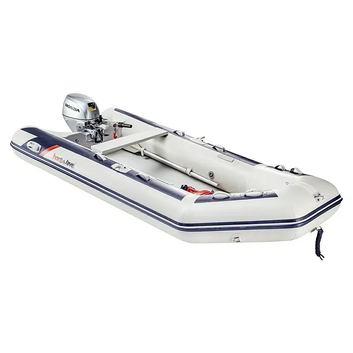 Honda Marine Schlauchboot T38-IE3 - L x B: 376 x 170 cm, Geeignet für: Max. 5 Personen, Nutzlast: 950 kg - Ein weißes Honwave Schlauchboot mit Honda Motor, perfekt für Freizeitaktivitäten auf dem Wasser.