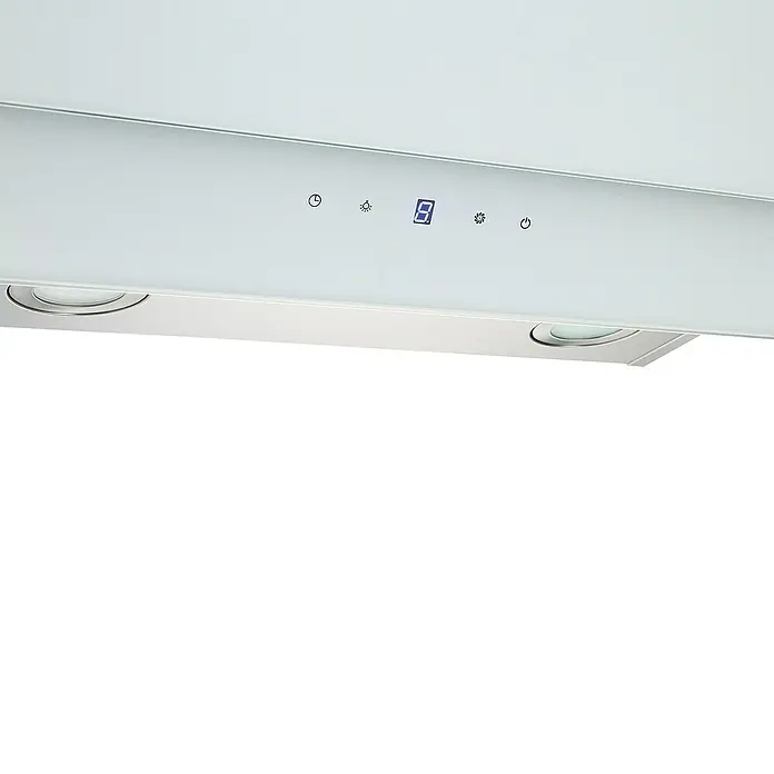 Respekta Schräghaube Selena - Breite: 90 cm, Max. Gebläseleistung Abluftbetrieb: 306,3 m³/h, Weiß/Silber - Nahaufnahme einer Dunstabzugshaube mit Bedienfeld und Beleuchtung, die moderne Küchenausstattung zeigt.