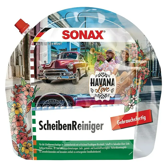 Sonax Scheibenreiniger Fertigmix HavanaLove - 3 l - Produktbild: Sonax Scheibenreiniger gebrauchsfertig im Standbodenbeutel mit Kuba-Motiven. Für klare Sicht im Sommer mit Kirschduft.