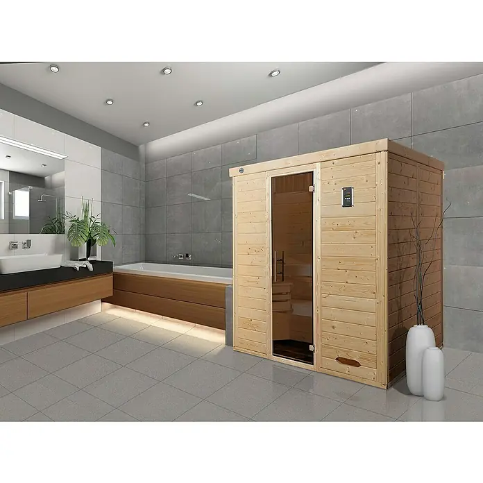 Weka Massivholzsauna KEMI 529 GT - L x B x H: 193 x 195 x 199 cm, Ohne Ofen - Sauna im Badezimmer mit Glasfront, Holztäfelung und digitaler Steuerung. Die perfekte Ergänzung für Ihr Wellness-Erlebnis zu Hause.