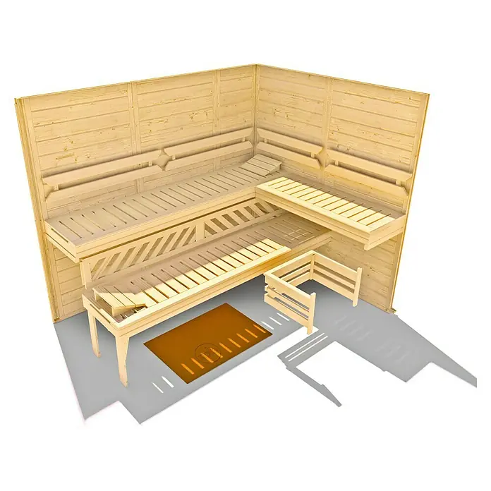 Weka Massivholzsauna KEMI 529 GT - L x B x H: 193 x 195 x 199 cm, Ohne Ofen - Innenansicht einer modularen Sauna mit hellen Holzsitzen und Wandverkleidung, die ein entspannendes Wellness-Erlebnis verspricht.