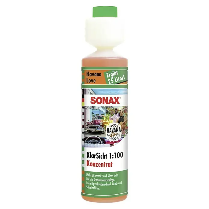 Sonax Scheibenklar Konzentrat HavanaLove - Karibischer Sommerduft, Mischungsverhältnis: 1:100, 250 ml - Sonax KlarSicht 1:100 Konzentrat "Havana Love" für klare Sicht beim Autofahren. Konzentriertes Reinigungsmittel für die Scheibenwaschanlage.
