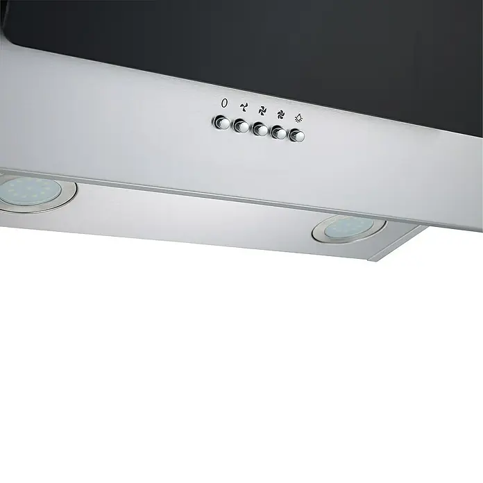 Respekta Schräghaube Kira - Breite: 60 cm, Max. Gebläseleistung Abluftbetrieb: 302,6 m³/h, Schwarz/Silber - Nahaufnahme einer Dunstabzugshaube mit Bedienelementen und LED-Beleuchtung.