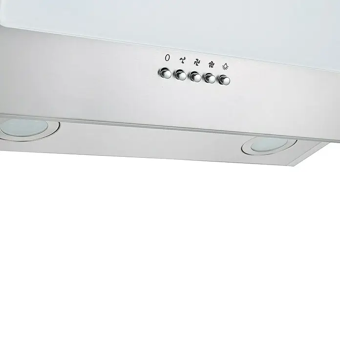 Respekta Schräghaube Kira - Breite: 60 cm, Max. Gebläseleistung Abluftbetrieb: 302,6 m³/h, Weiß/Silber - Nahaufnahme einer Dunstabzugshaube aus Edelstahl mit Bedienknöpfen und integrierter Beleuchtung.