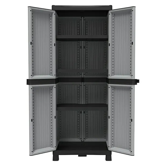 Terry EcoWave Armario multiusos de plástico  2700 - L x An x Al: 43,8 x 70 x 181,8 cm - Foto de un armario de jardín de plástico gris abierto con estantes, que ofrece un amplio espacio de almacenamiento para exteriores.