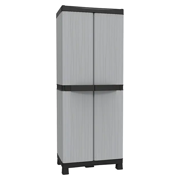 Terry EcoWave Armario multiusos de plástico  escobero 3700 - L x An x Al: 43,8 x 70 x 181,8 cm - Amplio armario gris multiusos con cuatro puertas y detalles negros para un almacenamiento versátil en interiores y exteriores.