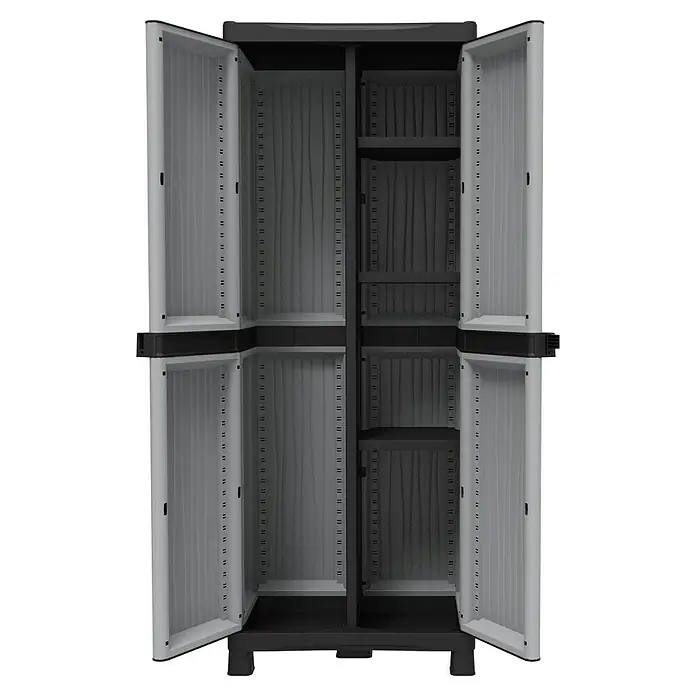 Terry EcoWave Armario multiusos de plástico  escobero 3700 - L x An x Al: 43,8 x 70 x 181,8 cm - Un espacioso armario de plástico con puertas abiertas y múltiples estantes ofrece un amplio espacio de almacenamiento.