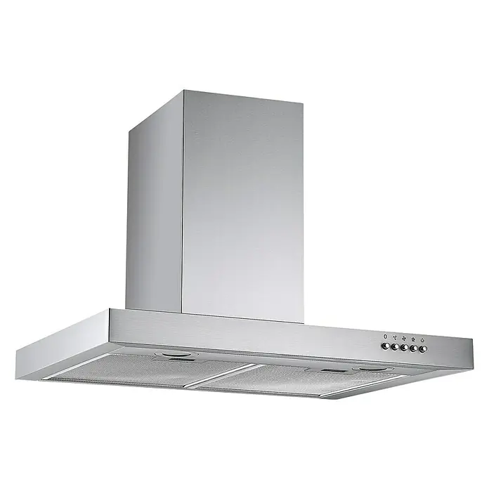 Respekta Blockhaube CH 22098 IXB 60 - Breite: 60 cm, Edelstahl, Max. Gebläseleistung Abluftbetrieb: 611,4 m³/h - Nahaufnahme einer modernen Dunstabzugshaube aus Edelstahl, die ein schlankes Design und effiziente Funktionalität vereint.