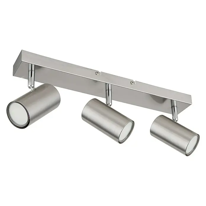 Globo Robby Deckenstrahler - 35 W, L x B x H: 41 x 6 x 12 cm, Nickel-matt, 3 Stk. - Nahaufnahme einer modernen Deckenleuchte mit drei Strahlern in Silberoptik, ideal für stilvolle Beleuchtungslösungen.