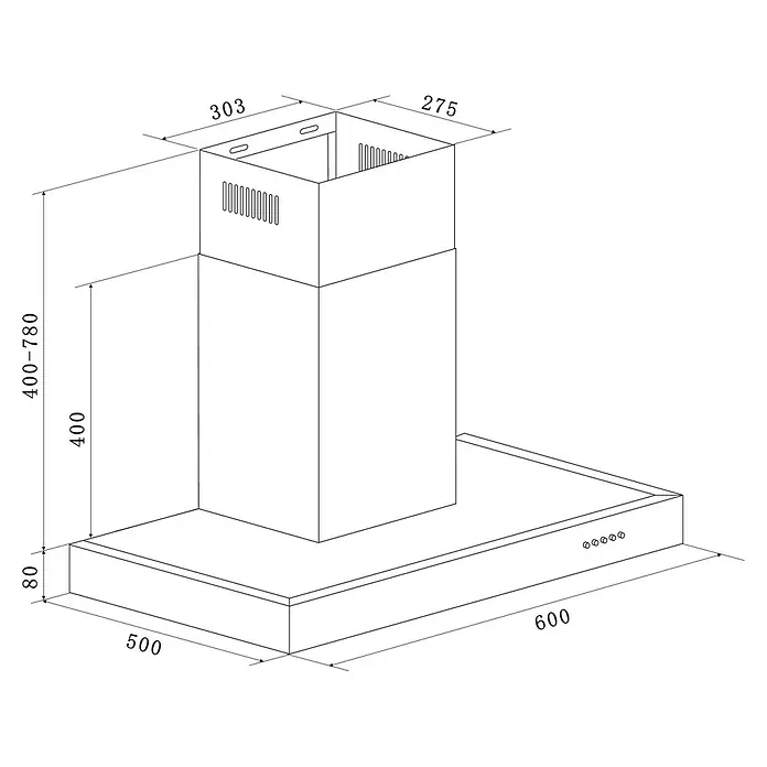 Respekta Blockhaube CH 22098 IXB 60 - Breite: 60 cm, Edelstahl, Max. Gebläseleistung Abluftbetrieb: 611,4 m³/h - Detaillierte technische Zeichnung einer Dunstabzugshaube mit Bemaßungen und einer klaren Darstellung der Konstruktionsdetails.