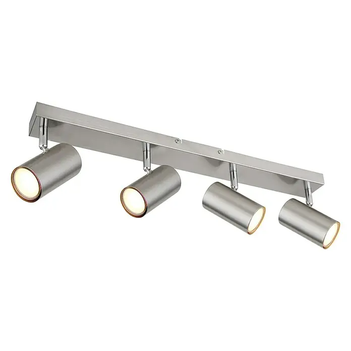 Globo Robby Deckenstrahler - 35 W, L x B x H: 56 x 6 x 12 cm, Nickel-matt, GU10, 4 Stk. - Moderne Deckenleuchte mit vier zylindrischen Strahlern in gebürstetem Nickel. Perfekt für zielgerichtete Beleuchtung.