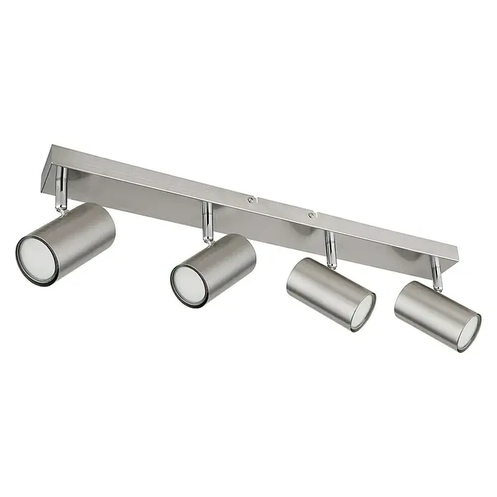 Globo Robby Deckenstrahler - 35 W, L x B x H: 56 x 6 x 12 cm, Nickel-matt, GU10, 4 Stk. - Moderne Deckenleuchte mit vier Strahlern. Die Lampe ist aus gebürstetem Metall gefertigt und hat zylindrische Lampenschirme mit weißer Innenseite.