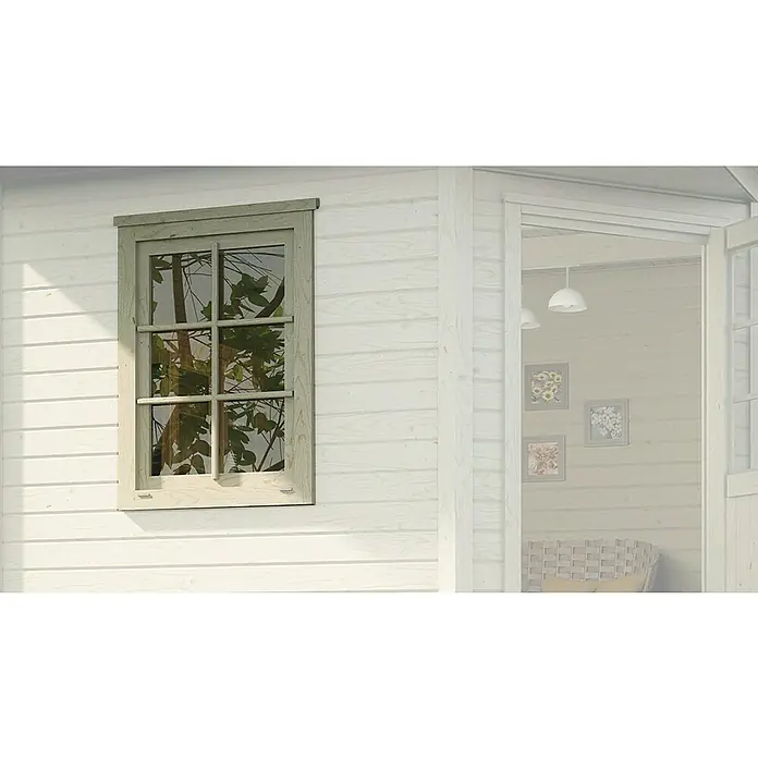 Weka Gartenhaus-Fenster - Passend für: Weka Gartenhäuser Designhaus 213, Natur - Ein helles Holzfenster mit grünen Rahmen auf einer weißen Holzwand mit horizontalen Brettern, Teil einer Blockhütte.