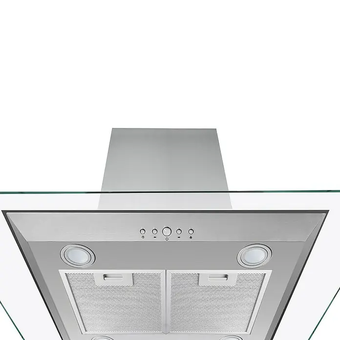 Respekta Inselhaube Aluna - Breite: 89,5 cm, Max. Gebläseleistung Abluftbetrieb: 575,7 m³/h, Edelstahl - Nahaufnahme einer Dunstabzugshaube aus Edelstahl mit Glasdetails und Bedienelementen.