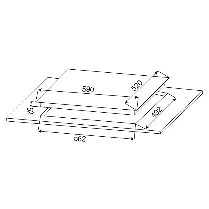 Respekta Kochfeld Pero - Glas, Anzahl Normalkochstellen: 4 Stk. - Abbildung mit Bemaßungen einer dreilagigen Küchenarbeitsplatte mit 52, 590, 520, 492, 562 mm.