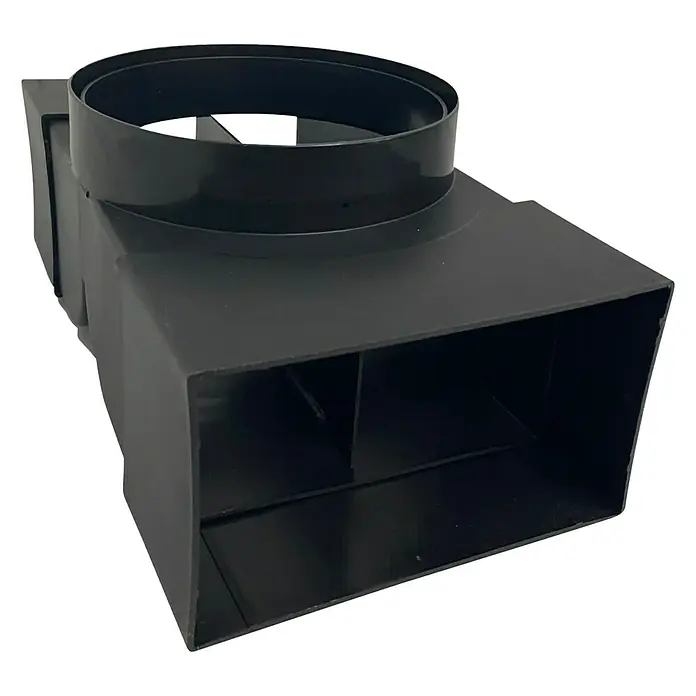 Respekta Umluftweiche ULW1 - B x L: 88 x 156 mm, Schwarz - Nahaufnahme eines schwarzen Lüftungsadapters mit rechteckigem Querschnitt und rundem Anschlussstück für Belüftungssysteme.