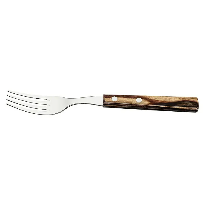 Tramontina Landhaus Steakgabel - Edelstahl, Länge: 21 cm - Nahaufnahme einer eleganten Gabel mit Holzgriff, perfekt für stilvolle Tischdekorationen und gehobene kulinarische Erlebnisse.
