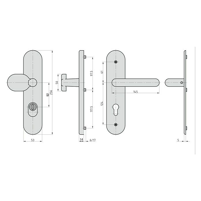 Basi Schutzbeschlag SB 7500 ES1 (Hauseingangstür, Aluminium, Knopf außen, Drücker innen, Mit Zylinderabdeckung, Stärke Tür: 50 mm - 70 mm) | BAUHAUS