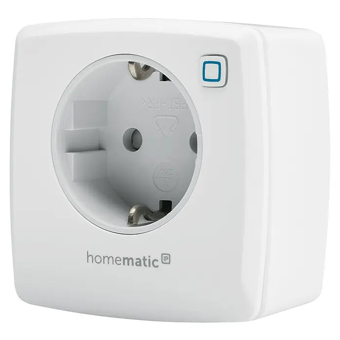 Homematic IP Smart-Steckdose HMIP-PS-2 - IP20, Weiß, 3.680 W, 13 A - Nahaufnahme eines weißen Homematic IP-Zwischensteckers für den Innenbereich.