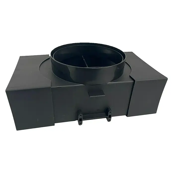 Respekta Umluftweiche ULW1 - B x L: 88 x 156 mm, Schwarz - Schwarzes Metallgehäuse mit zylindrischem Aufsatz in der Mitte. Ideal für Lüftungssysteme und industrielle Anwendungen.