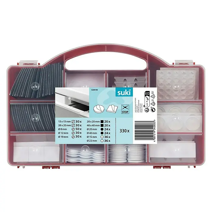 Suki Rutsch- & Lärmstopper Sortiment - 330 -tlg. - Sortierkasten von Suki mit verschiedenen Größen von Gummidichtungen, ideal zum Organisieren von Kleinteilen und zur Aufbewahrung im Heimwerkerbereich.