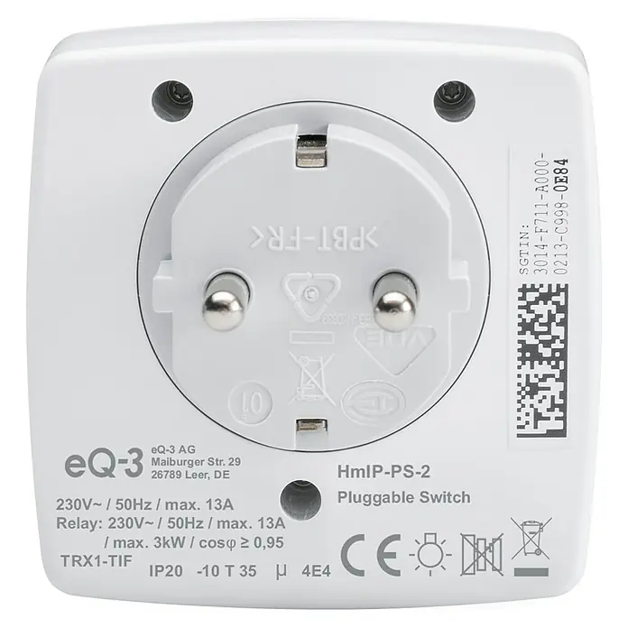 Homematic IP Smart-Steckdose HMIP-PS-2 - IP20, Weiß, 3.680 W, 13 A - Nahaufnahme eines weißen HmIP-PS-2 Zwischenstecker-Schaltaktors mit technischen Daten und Zertifizierungen auf der Rückseite.
