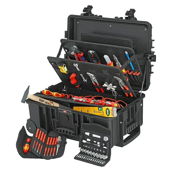 Knipex Werkzeugkoffer Robust 45 Move Elektro - 63 -tlg. - Ein robuster Werkzeugkoffer, geöffnet und voll mit einer Vielzahl von Werkzeugen, ideal für Profis.