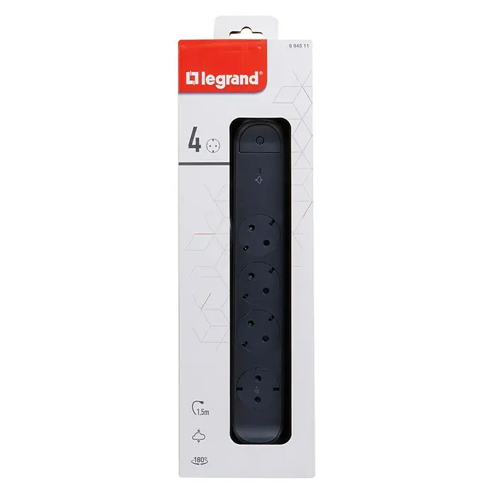 Legrand Base de enchufe múltiple pararrayos - x 4, Negro, Longitud del cable: 1,5 m, IP20, Con interruptor - Una regleta negra de protección contra sobretensiones de 4 tomas Legrand aún en su embalaje.