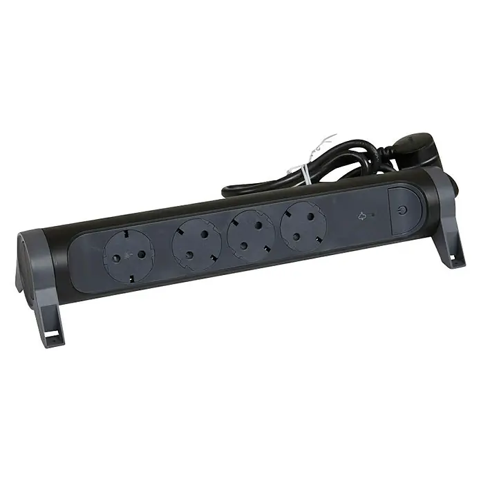 Legrand Base de enchufe múltiple pararrayos - x 4, Negro, Longitud del cable: 1,5 m, IP20, Con interruptor - Un protector contra sobretensiones gris con cuatro enchufes y un cable de alimentación sobre un fondo negro. ¡Práctico para múltiples dispositivos!