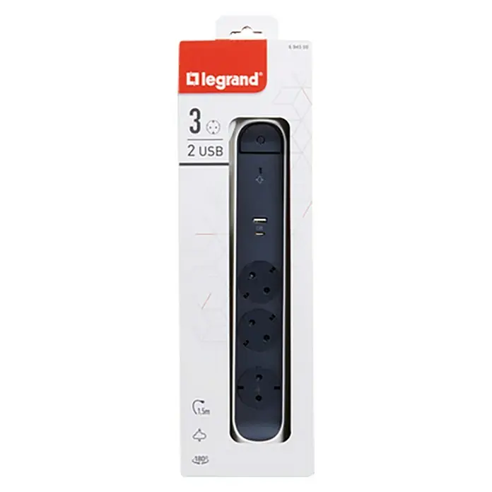 Legrand Base de enchufe múltiple con USB - x 3, Blanco/Negro, Longitud del cable: 1,5 m, IP20, Con interruptor - Regleta Legrand con 3 enchufes y 2 puertos USB en su embalaje original. Una solución práctica para el uso diario.