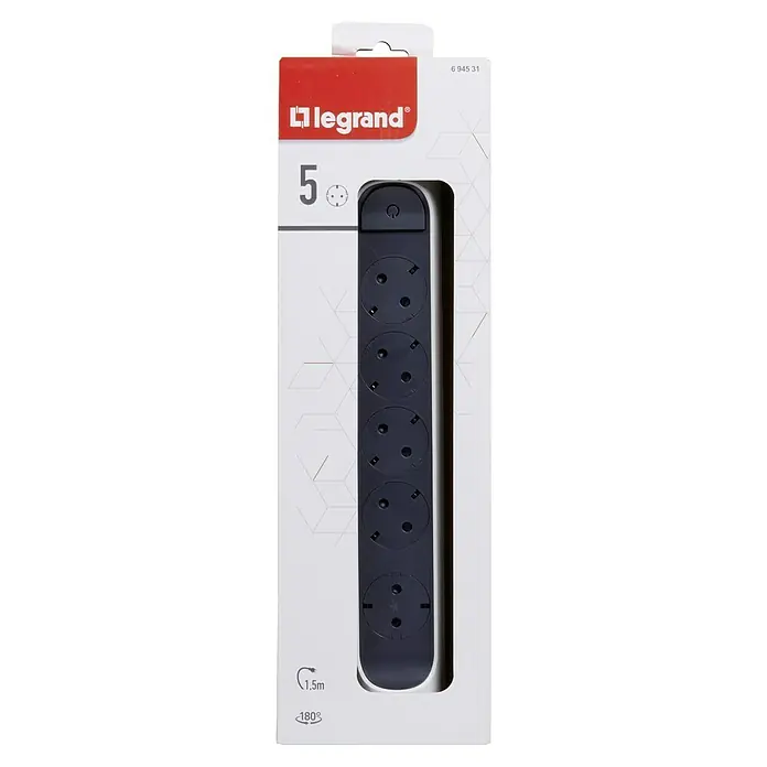 Legrand Base de enchufe múltiple Simple - x 5, Blanco/Negro, IP20, Con interruptor - Regleta Legrand con cinco enchufes y cable de 1,5 m. Ideal para el hogar o la oficina. Solución eléctrica eficiente y segura.