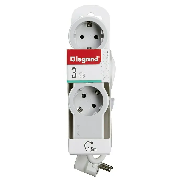 Legrand Steckdosenleiste - 3-fach, Ultraweiß/Grau, Kabellänge: 1,5 m, IP20, Ohne Schalter - Ein 3-fach Steckdosenadapter von Legrand mit 1,5m Kabellänge, ideal für den Innenbereich, in Weiß.