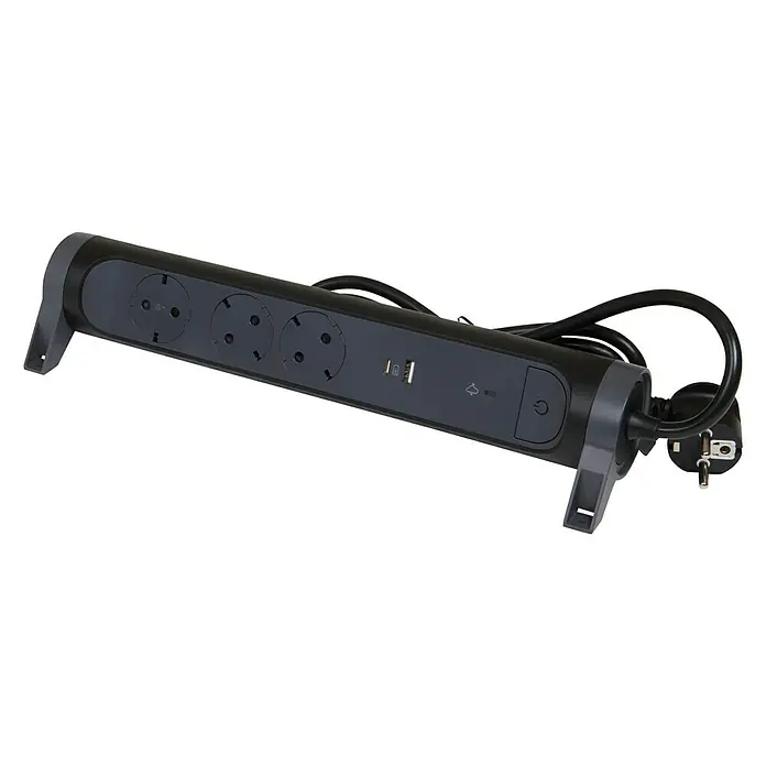 Legrand Base de enchufe múltiple con USB - Negro, Longitud del cable: 1,5 m, IP20, Con interruptor - Una regleta de mesa gris con tres enchufes, puerto USB, cable de alimentación y enchufe sobre fondo negro.