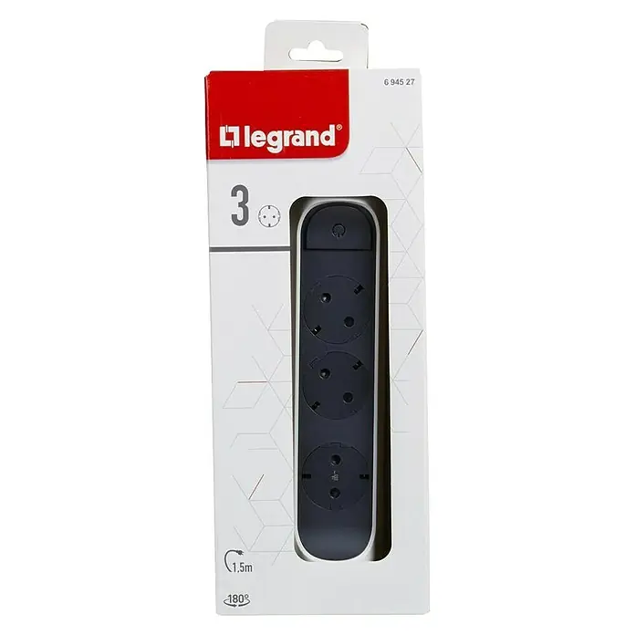 Legrand Base de enchufe múltiple Simple - x 3, Blanco/Negro, Longitud del cable: 1,5 m, IP20, Con interruptor - Imagen de la regleta de 3 enchufes Legrand, ideal para uso doméstico y de oficina, con cable de 1,5 m y rotación de 180 grados.