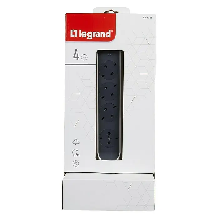 Legrand Base de enchufe múltiple Vertical - x 4, Blanco/Negro, Longitud del cable: 1,5 m, IP20, Con interruptor - Embalaje de una regleta de 4 enchufes Legrand, ideal para uso doméstico. Con protección contra sobretensiones y cable de 2 m.