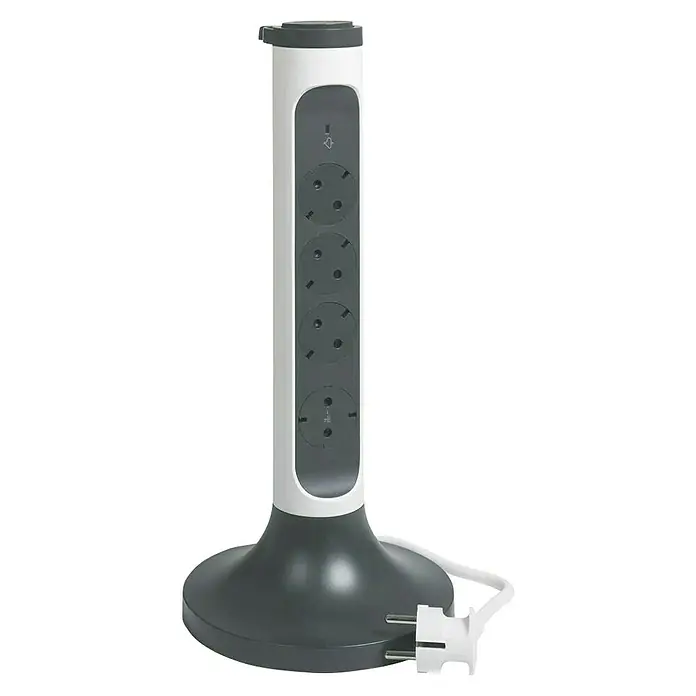 Legrand Base de enchufe múltiple Vertical - x 4, Blanco/Negro, Longitud del cable: 1,5 m, IP20, Con interruptor - Una torre de regleta gris y blanca con cuatro enchufes y un cable blanco, sobre un fondo negro.